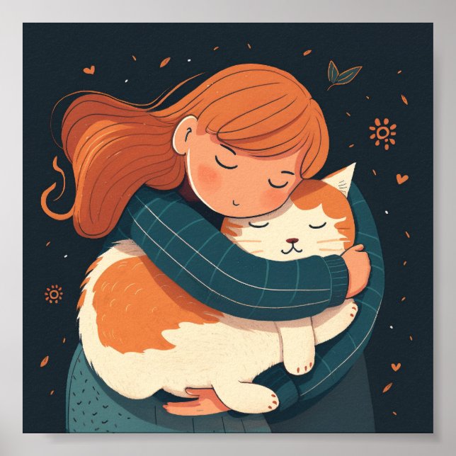 Girl hugs cute cat cartoon. Kid and funny animal  Poster (Front)
