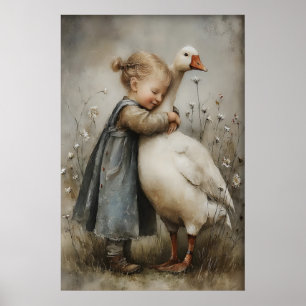 Girl Hugs Goose Love Printable, Rustic Cottagecore Poster