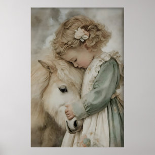 Girl Hugs Pony Antique Print, Rustic Cottagecore Poster