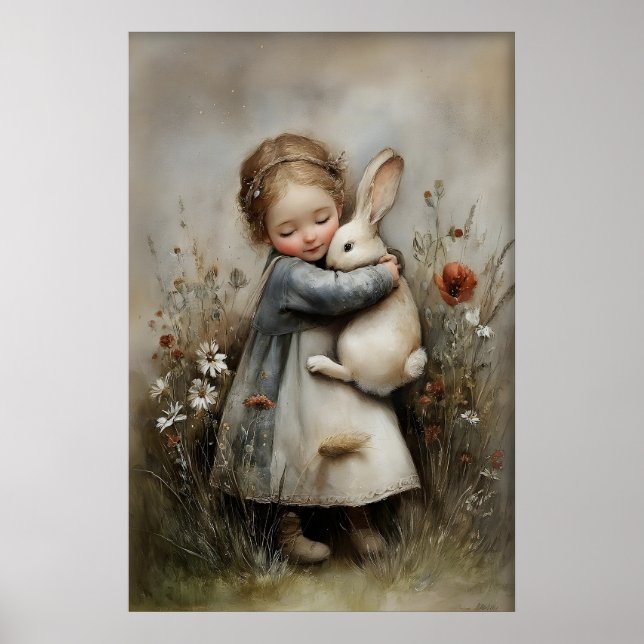 Girl Hugs Rabbit Printable, Bunny Rustic Poster (Front)