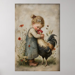 Girl Hugs Rooster Printable, Rustic Chicken Poster