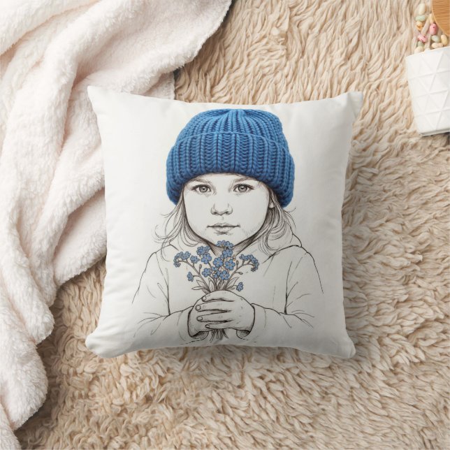 Girl In a Blue Knit Hat Cushion (Blanket)
