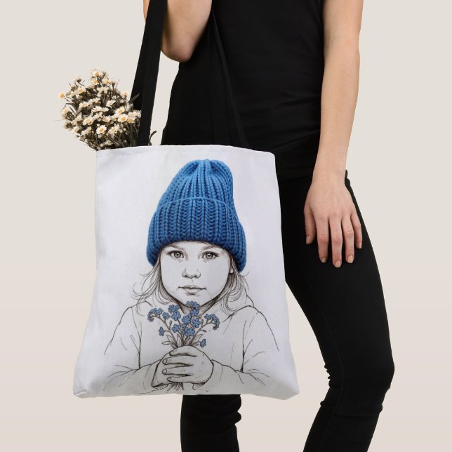 Girl In a Blue Knit Hat Tote Bag (Close Up)