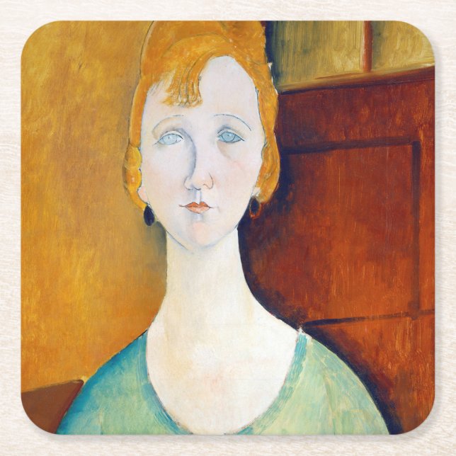 Girl in a Green Blouse, Modigliani Square Paper Coaster (Front)