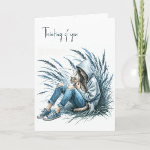 Girl In a Hoodie Holding a Pet Cat Card