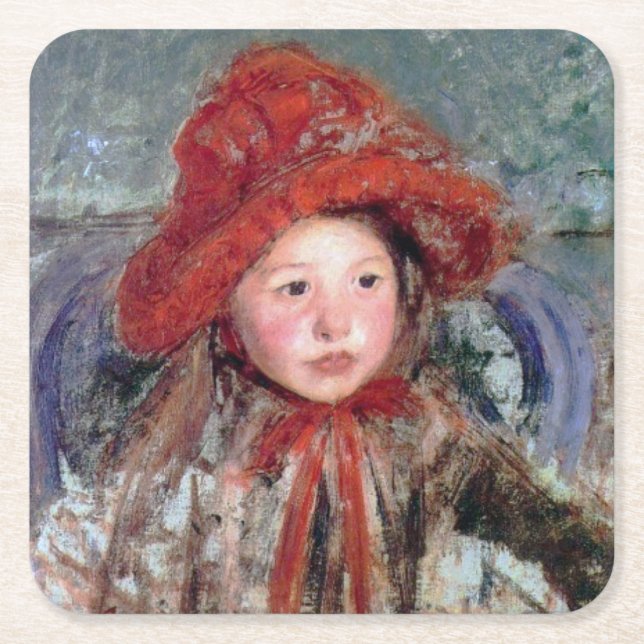 Girl in a Large Red Hat, Mary Cassatt Square Paper Coaster (Front)