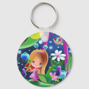 girl in a magical forest with flowers and a bird   key ring