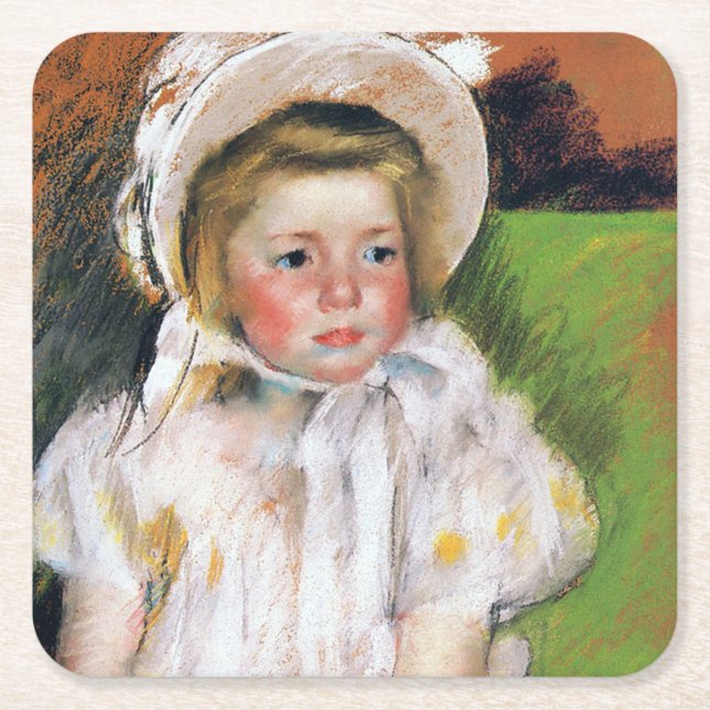 Girl in a White Bonnet, Mary Cassatt Square Paper Coaster (Front)