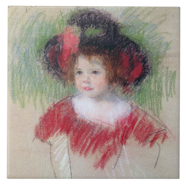 Girl in Big Bonnett and Red Dress, Mary Cassatt Ceramic Tile (Front)