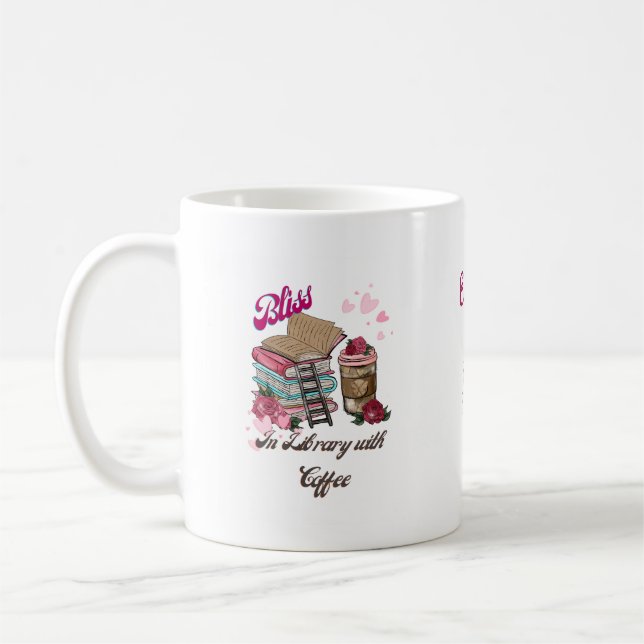 Girl In Bliss with Books And Coffee In Library  Coffee Mug (Left)