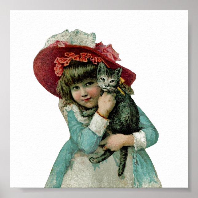 Girl in Bonnet with Christmas Kitten Poster (Front)