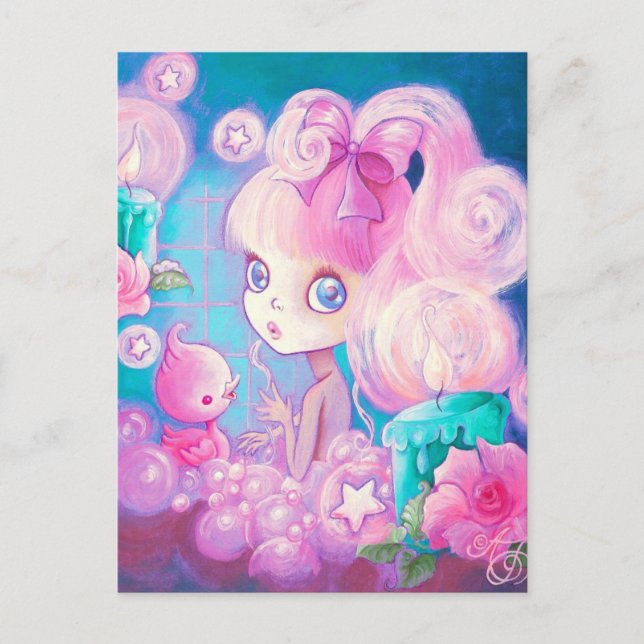 Girl in Bubblebath with Candles and Roses Postcard (Front)