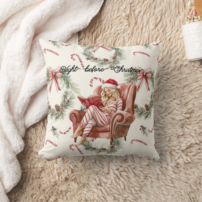 Girl in Chair Santa Hat Candy Cane Christmas Cushion (Blanket)