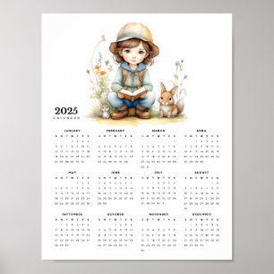 Girl in Flower Garden Books Rabbits 2025 Calendar Poster