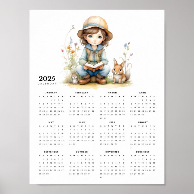 Girl in Flower Garden Books Rabbits 2025 Calendar Poster (Front)