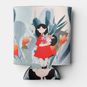 Girl in forest, green nature cartoon. can cooler