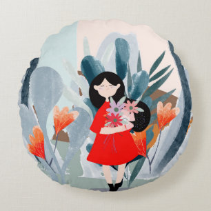 Girl in forest, green nature cartoon. round cushion