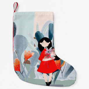 Girl in forest, green nature cartoon. small christmas stocking