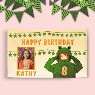 Girl in Frog Hoodie Stars Photo Birthday Backdrop Banner