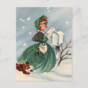 Girl in Green Coat Mailing Christmas Cards