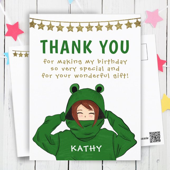 Girl in Green Frog Hoody Stars Birthday Thank you Postcard (Creator Uploaded)