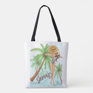 Girl in Hat Fashion Illustration Hello Summer Tote Bag