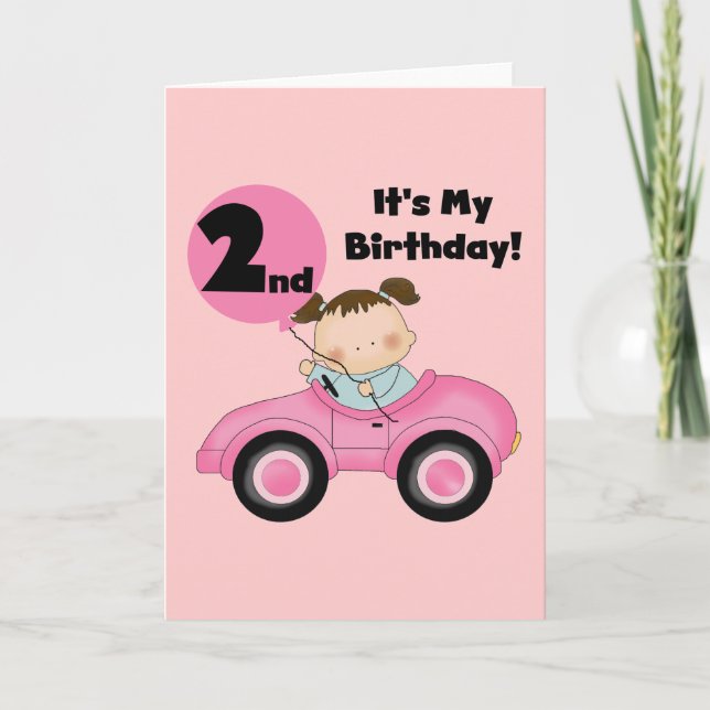 Girl in Pink Car 2nd Birthday Tshirts and Gifts Card (Front)