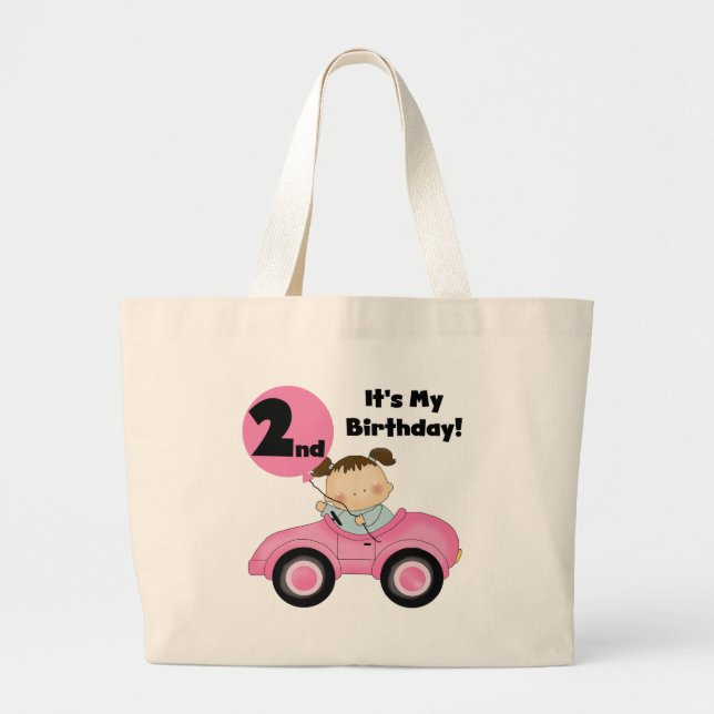 Girl in Pink Car 2nd Birthday Tshirts and Gifts Large Tote Bag (Front)