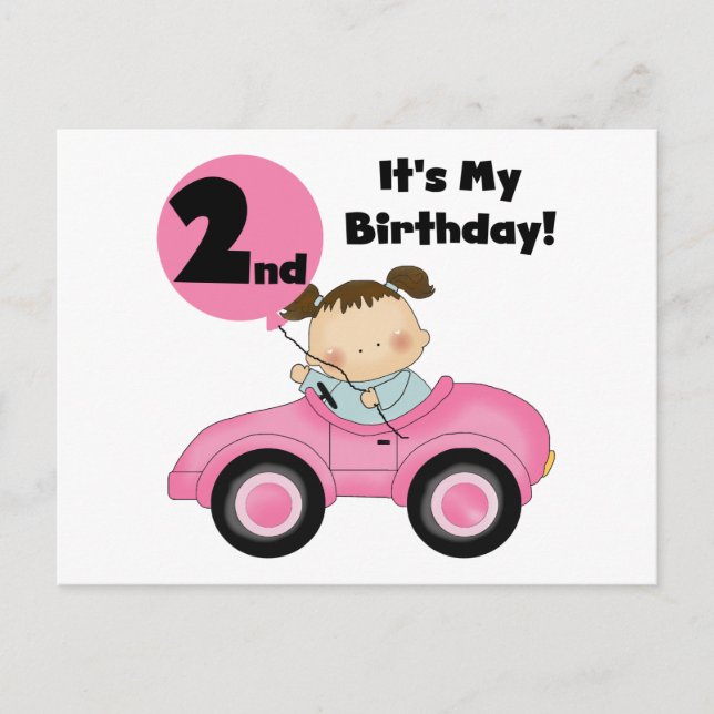 Girl in Pink Car 2nd Birthday Tshirts and Gifts Postcard (Front)