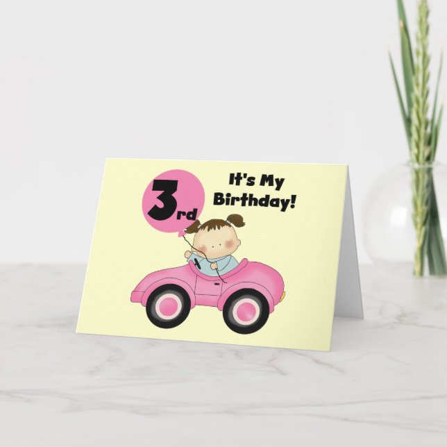 Girl in Pink Car 3rd Birthday Tshirts and Gifts Card (Front)