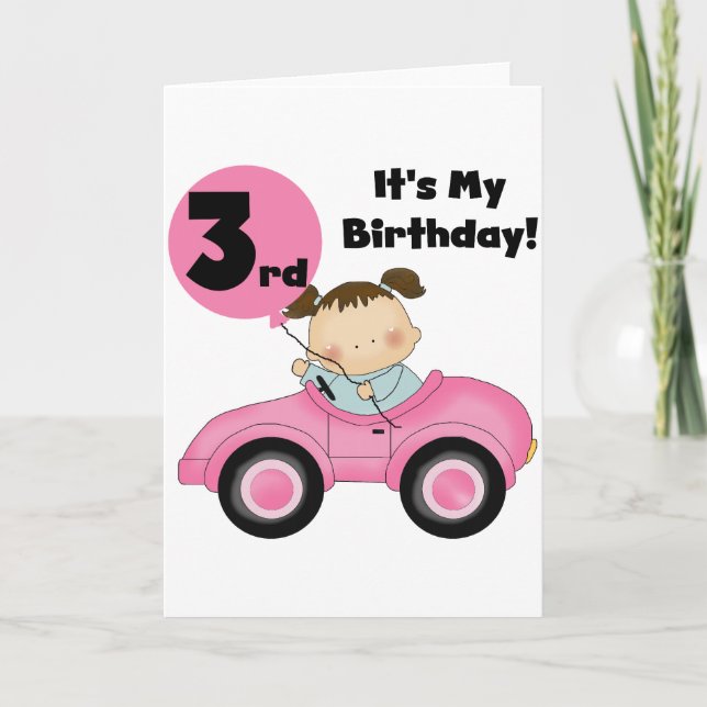 Girl in Pink Car 3rd Birthday Tshirts and Gifts Card (Front)