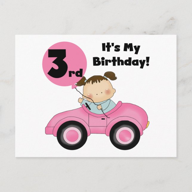 Girl in Pink Car 3rd Birthday Tshirts and Gifts Postcard (Front)