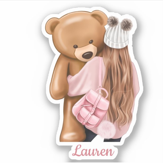 Girl in Pink with Teddy Bear Custom Name Cut Vinyl (Front)