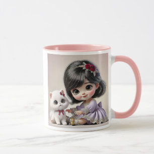 Girl in purple dress and her white cat. mug