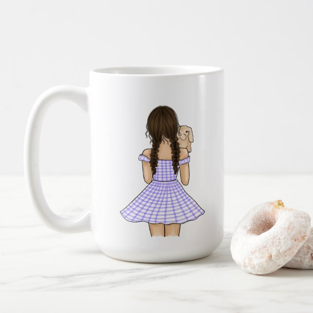 Girl in Purple Gingham Plaid Carrying Pet Bunny Coffee Mug (With Donut)