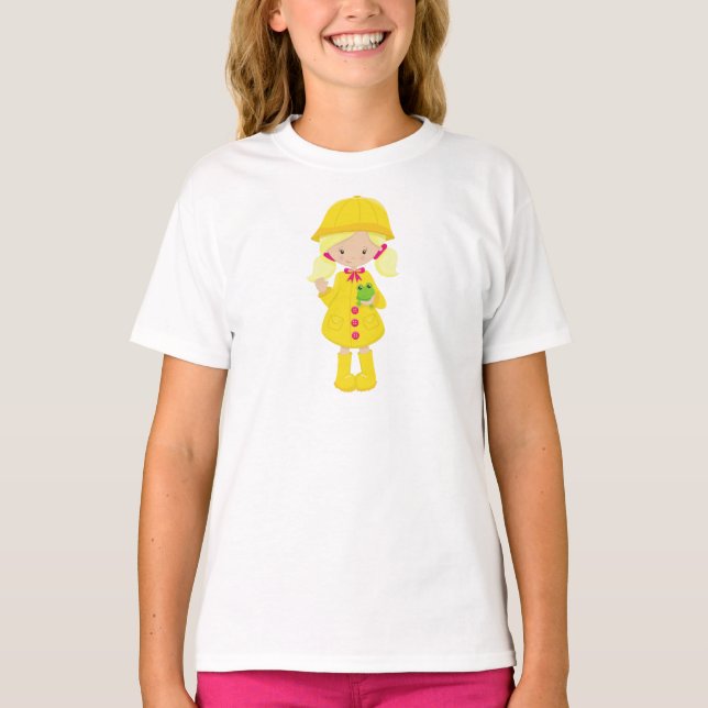 Girl In Raincoat, Boots, Blonde Hair, Frog T-Shirt (Front)