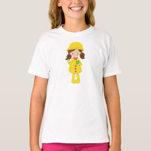 Girl In Raincoat, Boots, Brown Hair, Frog T-Shirt