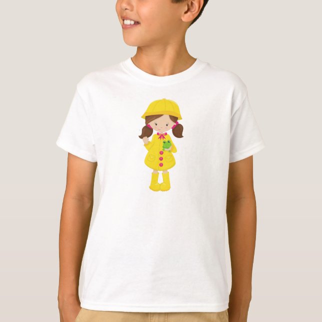 Girl In Raincoat, Boots, Brown Hair, Frog T-Shirt (Front)