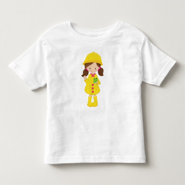 Girl In Raincoat, Boots, Brown Hair, Frog Toddler T-Shirt (Front)