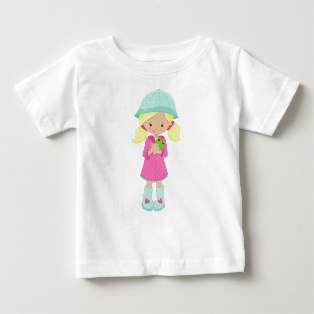 Girl In Raincoat, Boots, Frog, Blonde Hair Baby T-Shirt (Front)