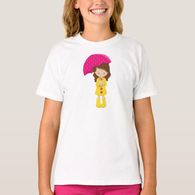 Girl In Raincoat, Girl With Umbrella, Brown Hair T-Shirt (Front)