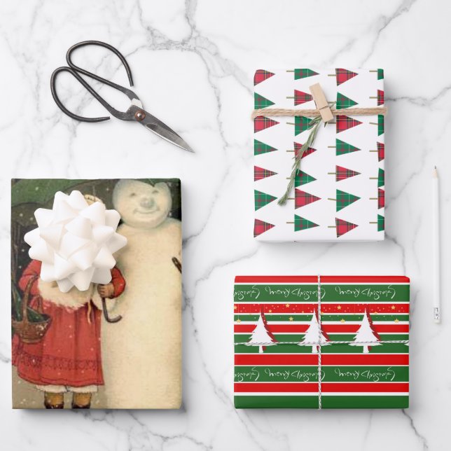 Girl in Red Coat with Snowman Plaid Trees Wrapping Paper Sheet (Front)