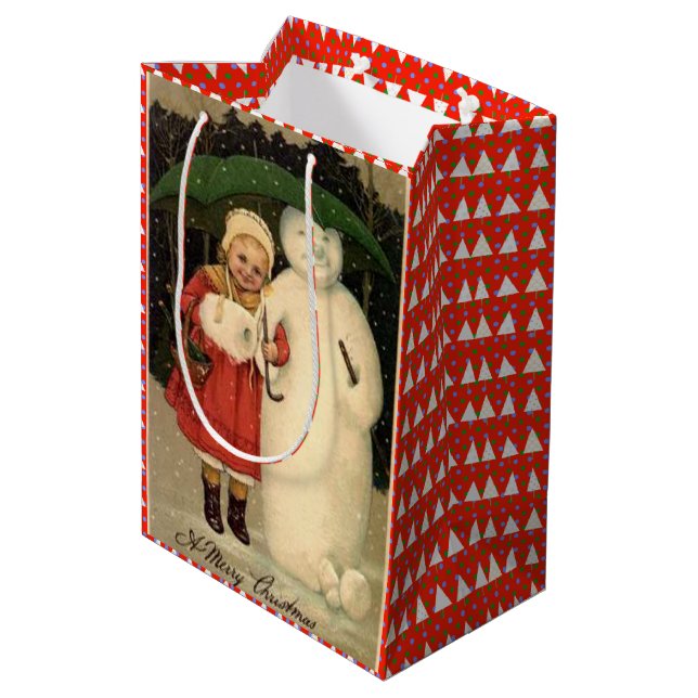 Girl in Red Coat with Snowman, White Christmas Medium Gift Bag (Back Angled)