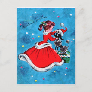 Girl in red dress preparing her dog for Christmas Postcard