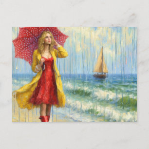 Girl in red dress walking the beach in the rain postcard