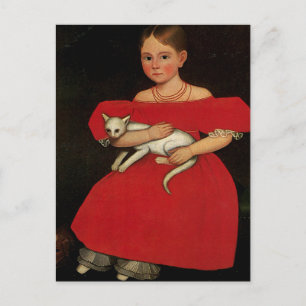 Girl in Red with her Cat and Dog Postcard