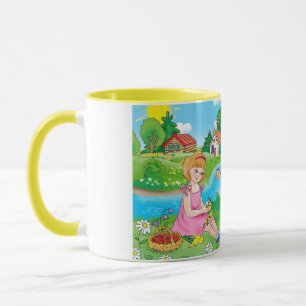 girl in the meadow, among flowers and butterflies mug