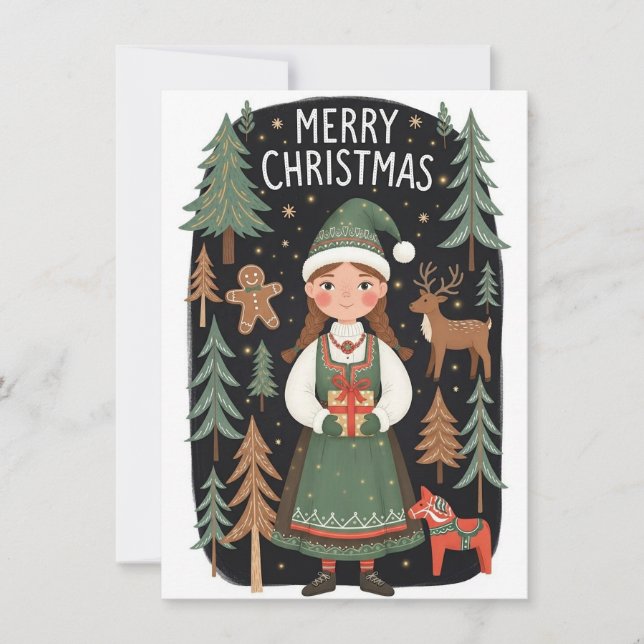 Girl In Traditional Dress Holding Gift Holiday Card (Front)
