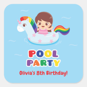 Girl in Unicorn Float Pool Birthday Party Stickers