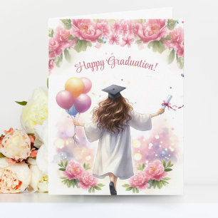 Girl in White Graduate Gown with balloons Card
